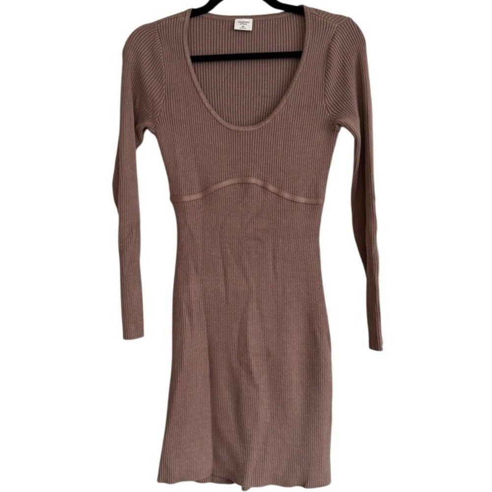 Abercrombie‎ & Fitch Ribbed Scoop Neck Mini Dress Mauve Brown Long Sleeve MP